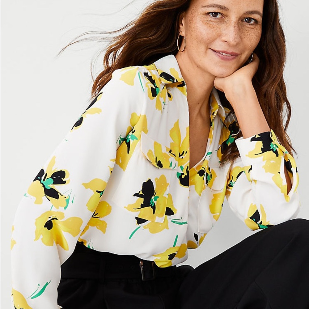 Ann Taylor White Floral Blouse with Yellow and Black Accents